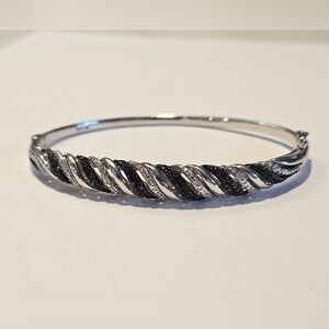 Stunning Natural Black & White Diamond Bangle Bracelet Platinum Over 925